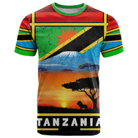 African Sunset Design T Shirt with Flag Map Mount Kilimanjaro and Wildlife Scene