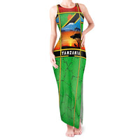 African Sunset Design Tank Maxi Dress with Flag Map Mount Kilimanjaro and Wildlife Scene