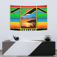 African Sunset Design Tapestry with Flag Map Mount Kilimanjaro and Wildlife Scene
