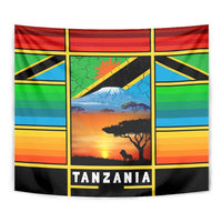 African Sunset Design Tapestry with Flag Map Mount Kilimanjaro and Wildlife Scene