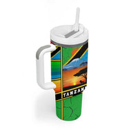 African Sunset Design Tumbler With Handle with Flag Map Mount Kilimanjaro and Wildlife Scene