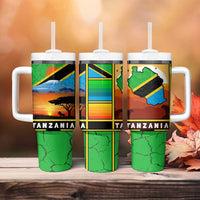 African Sunset Design Tumbler With Handle with Flag Map Mount Kilimanjaro and Wildlife Scene