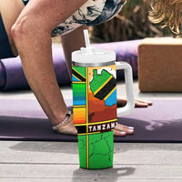 African Sunset Design Tumbler With Handle with Flag Map Mount Kilimanjaro and Wildlife Scene