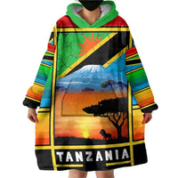 African Sunset Design Wearable Blanket Hoodie with Flag Map Mount Kilimanjaro and Wildlife Scene