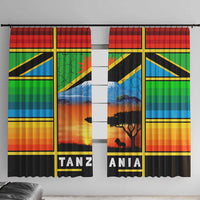 African Sunset Design Window Curtain with Flag Map Mount Kilimanjaro and Wildlife Scene