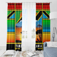 African Sunset Design Window Curtain with Flag Map Mount Kilimanjaro and Wildlife Scene