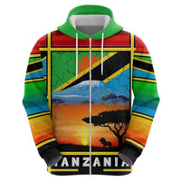 African Sunset Design Zip Hoodie with Flag Map Mount Kilimanjaro and Wildlife Scene