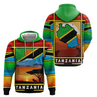 African Sunset Design Zip Hoodie with Flag Map Mount Kilimanjaro and Wildlife Scene