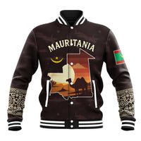 Mauritania Baseball Jacket with Desert Sunset Camel Silhouette and Flag Accents