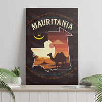 Mauritania Canvas Wall Art with Desert Sunset Camel Silhouette and Flag Accents
