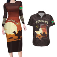Mauritania Couples Matching Long Sleeve Bodycon Dress and Hawaiian Shirt with Desert Sunset Camel Silhouette and Flag Accents