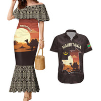 Mauritania Couples Matching Mermaid Dress and Hawaiian Shirt with Desert Sunset Camel Silhouette and Flag Accents