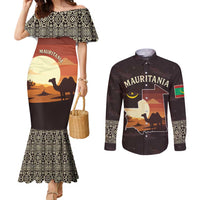 Mauritania Couples Matching Mermaid Dress and Long Sleeve Button Shirt with Desert Sunset Camel Silhouette and Flag Accents