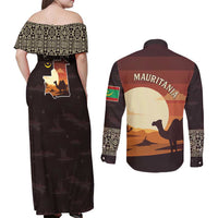 Mauritania Couples Matching Off Shoulder Maxi Dress and Long Sleeve Button Shirt with Desert Sunset Camel Silhouette and Flag Accents