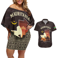 Mauritania Couples Matching Off Shoulder Short Dress and Hawaiian Shirt with Desert Sunset Camel Silhouette and Flag Accents