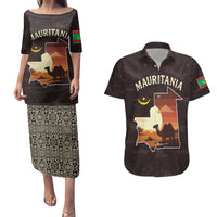 Mauritania Couples Matching Puletasi and Hawaiian Shirt with Desert Sunset Camel Silhouette and Flag Accents