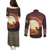 Mauritania Couples Matching Puletasi and Long Sleeve Button Shirt with Desert Sunset Camel Silhouette and Flag Accents