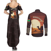 Mauritania Couples Matching Summer Maxi Dress and Long Sleeve Button Shirt with Desert Sunset Camel Silhouette and Flag Accents