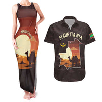 Mauritania Couples Matching Tank Maxi Dress and Hawaiian Shirt with Desert Sunset Camel Silhouette and Flag Accents