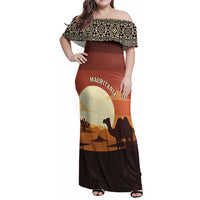 Mauritania Family Matching Off Shoulder Maxi Dress and Hawaiian Shirt with Desert Sunset Camel Silhouette and Flag Accents