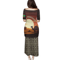 Mauritania Family Matching Puletasi and Hawaiian Shirt with Desert Sunset Camel Silhouette and Flag Accents