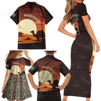 Mauritania Family Matching Short Sleeve Bodycon Dress and Hawaiian Shirt with Desert Sunset Camel Silhouette and Flag Accents