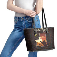 Mauritania Leather Tote Bag with Desert Sunset Camel Silhouette and Flag Accents