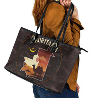 Mauritania Leather Tote Bag with Desert Sunset Camel Silhouette and Flag Accents