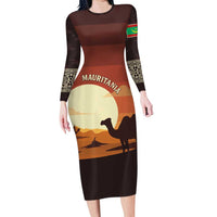 Mauritania Long Sleeve Bodycon Dress with Desert Sunset Camel Silhouette and Flag Accents