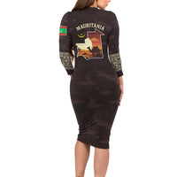 Mauritania Long Sleeve Bodycon Dress with Desert Sunset Camel Silhouette and Flag Accents