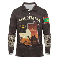 Mauritania Long Sleeve Polo Shirt with Desert Sunset Camel Silhouette and Flag Accents