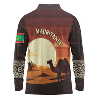 Mauritania Long Sleeve Polo Shirt with Desert Sunset Camel Silhouette and Flag Accents