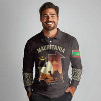 Mauritania Long Sleeve Polo Shirt with Desert Sunset Camel Silhouette and Flag Accents