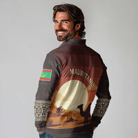 Mauritania Long Sleeve Polo Shirt with Desert Sunset Camel Silhouette and Flag Accents