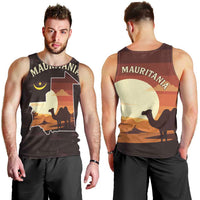 Mauritania Men Tank Top with Desert Sunset Camel Silhouette and Flag Accents