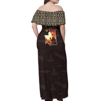 Mauritania Off Shoulder Maxi Dress with Desert Sunset Camel Silhouette and Flag Accents