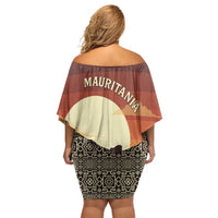 Mauritania Off Shoulder Short Dress with Desert Sunset Camel Silhouette and Flag Accents
