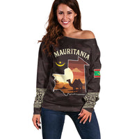 Mauritania Off Shoulder Sweater with Desert Sunset Camel Silhouette and Flag Accents