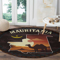Mauritania Round Carpet with Desert Sunset Camel Silhouette and Flag Accents