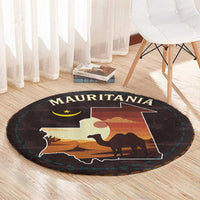 Mauritania Round Carpet with Desert Sunset Camel Silhouette and Flag Accents