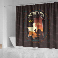 Mauritania Shower Curtain with Desert Sunset Camel Silhouette and Flag Accents