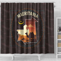 Mauritania Shower Curtain with Desert Sunset Camel Silhouette and Flag Accents