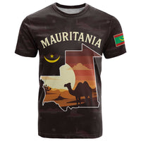 Mauritania T Shirt with Desert Sunset Camel Silhouette and Flag Accents