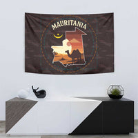 Mauritania Tapestry with Desert Sunset Camel Silhouette and Flag Accents