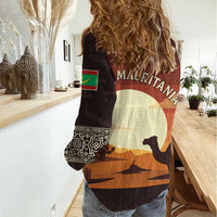 Mauritania Women Casual Shirt with Desert Sunset Camel Silhouette and Flag Accents