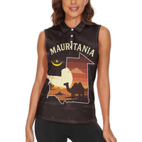 Mauritania Women Sleeveless Polo Shirt with Desert Sunset Camel Silhouette and Flag Accents