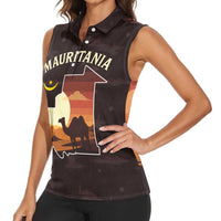 Mauritania Women Sleeveless Polo Shirt with Desert Sunset Camel Silhouette and Flag Accents