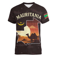 Mauritania Women V-Neck T-Shirt with Desert Sunset Camel Silhouette and Flag Accents