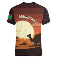 Mauritania Women V-Neck T-Shirt with Desert Sunset Camel Silhouette and Flag Accents