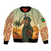 Mauritania Bomber Jacket with Sidi the Sahara Camel Cartoon and Desert Caravan Design